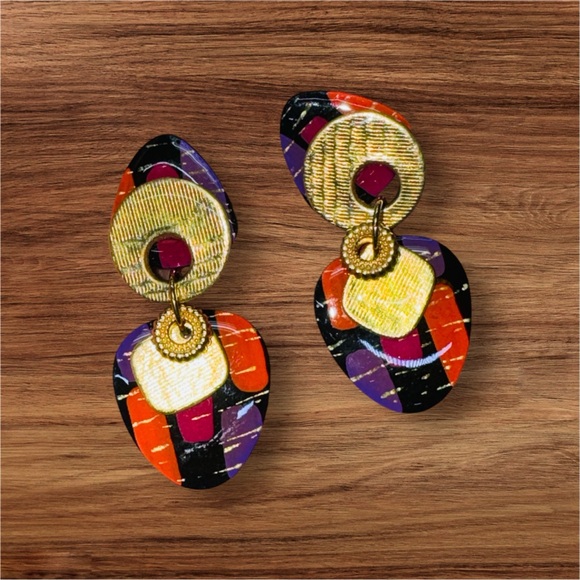 MAM VINTAGE CLIP EARRINGS 80s TEARDROP WITH GOLDEN ACCENTS UNIQUE MADE IN DALLAS - Picture 3 of 7